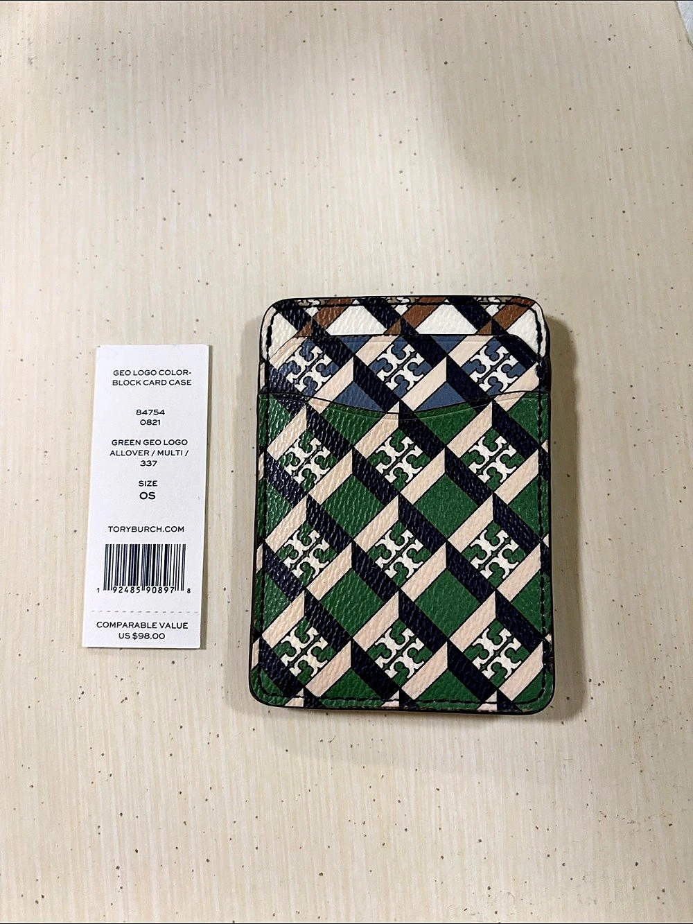 Tory Burch Geo Logo Color-Block Card Case Green & Navy NWT